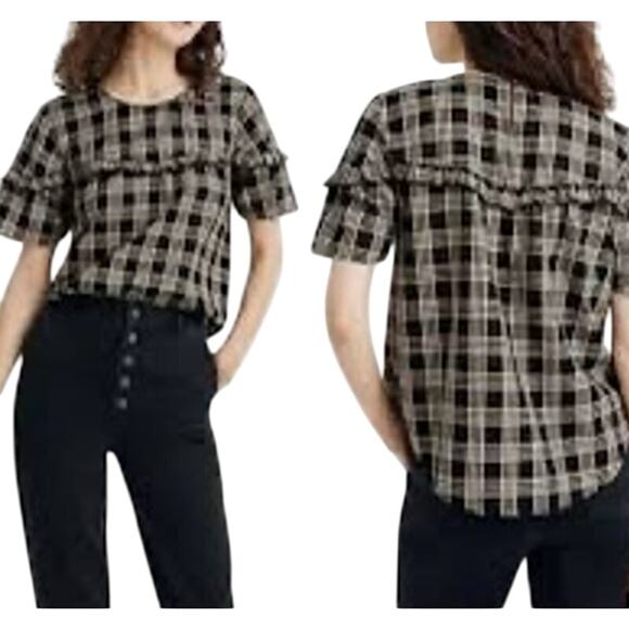 Madewell Metallic Plaid Yoke  Ruffle Trim Short Sleeve Top Brown Women's Small - Picture 1 of 10